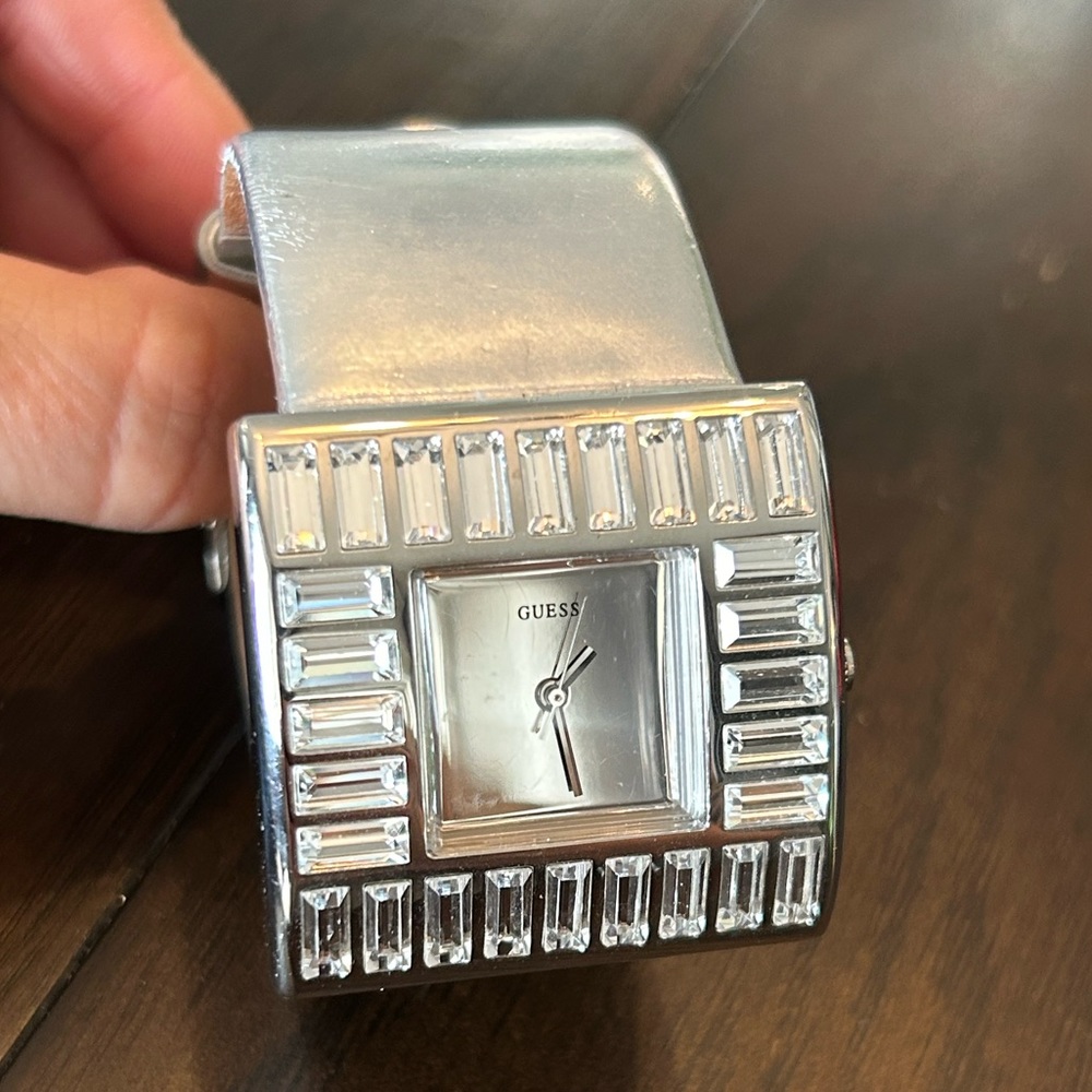Guess baguette crystal face watch with metallic leather strap